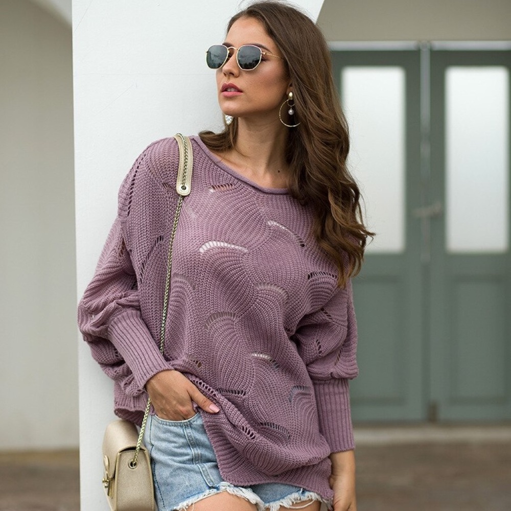 NEW Purple Oversized Scallop Crochet Knit Sweater - Picture 5 of 11